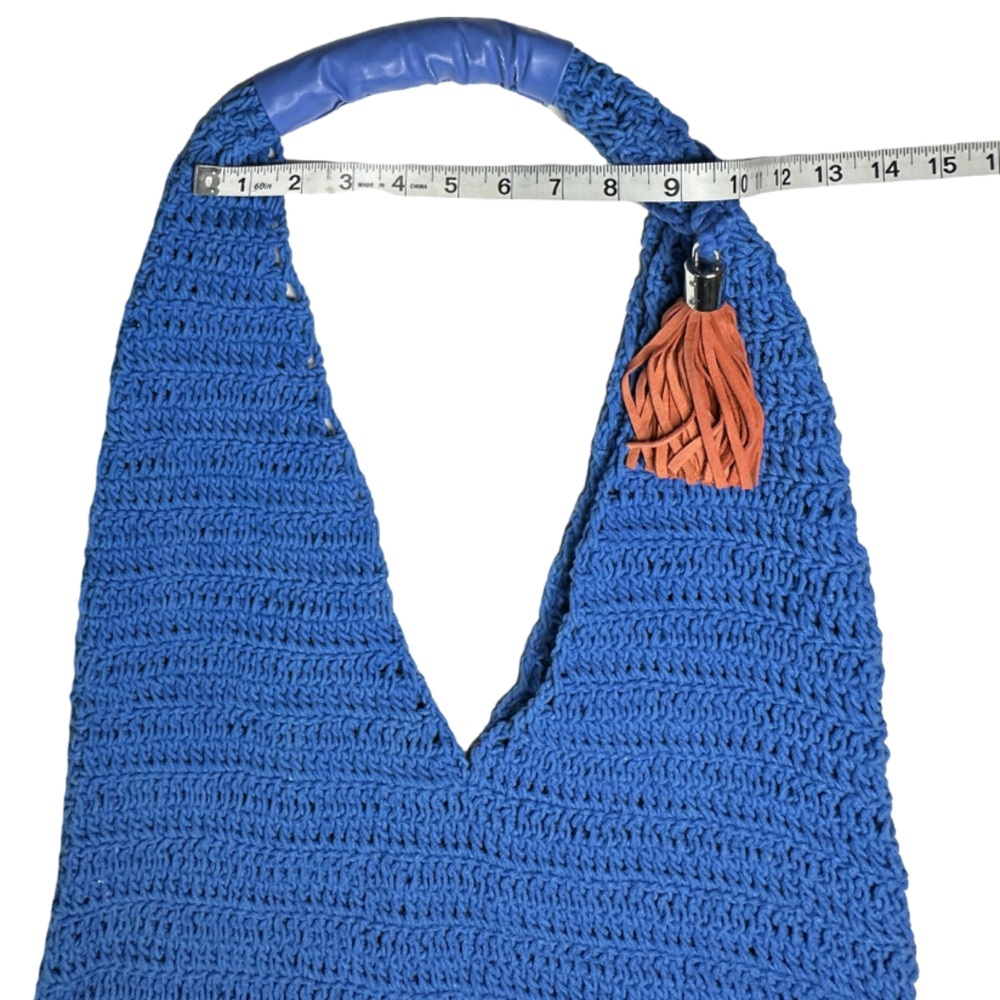 VINTAGE HAVANA | Large Blue Crochet Hobo Sling Beach Shopping Bag - Picture 4 of 13
